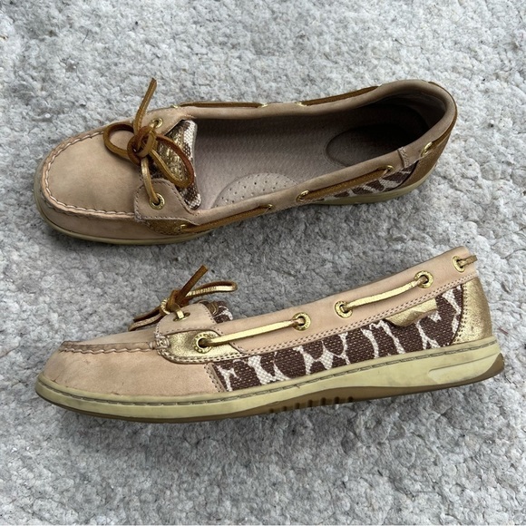 Sperry: Tan Suede, Textle Giraffe Print Metallic Gold Leather Boat Shoes Size 9M - Picture 9 of 9